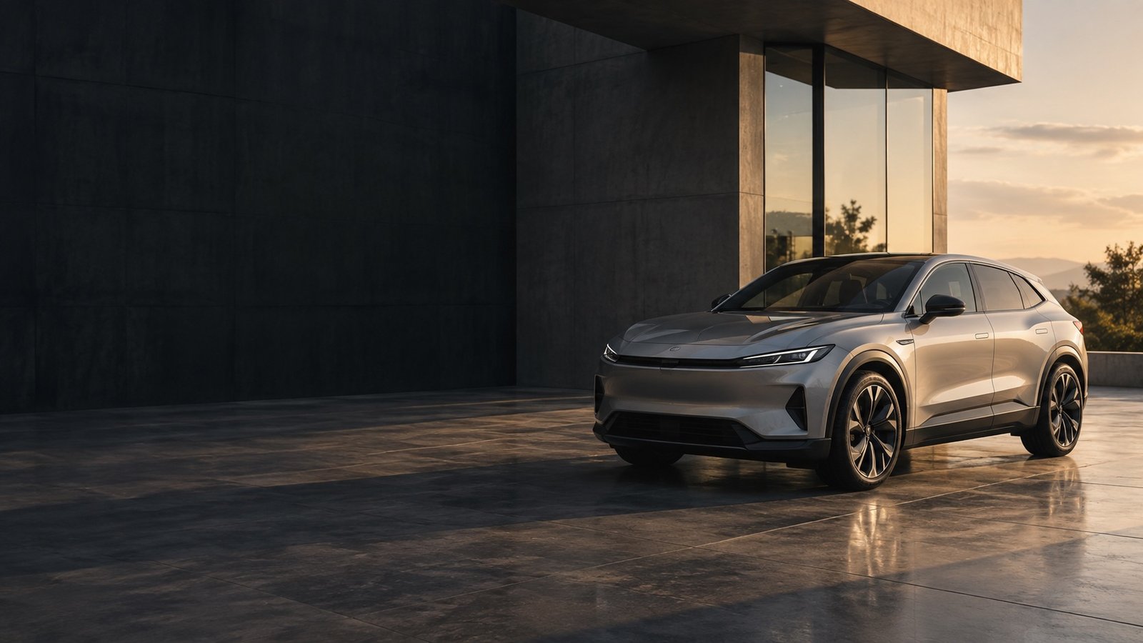 Propuesta visual: vehículo eléctrico junto a arquitectura contemporánea